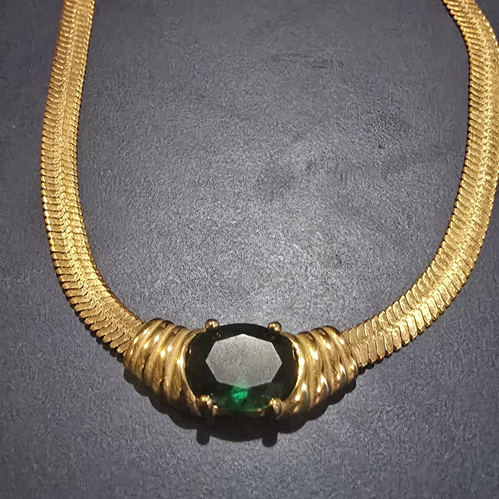 Vintage-Inspired Gold Statement Necklace w/ Emerald-Green Center Stone